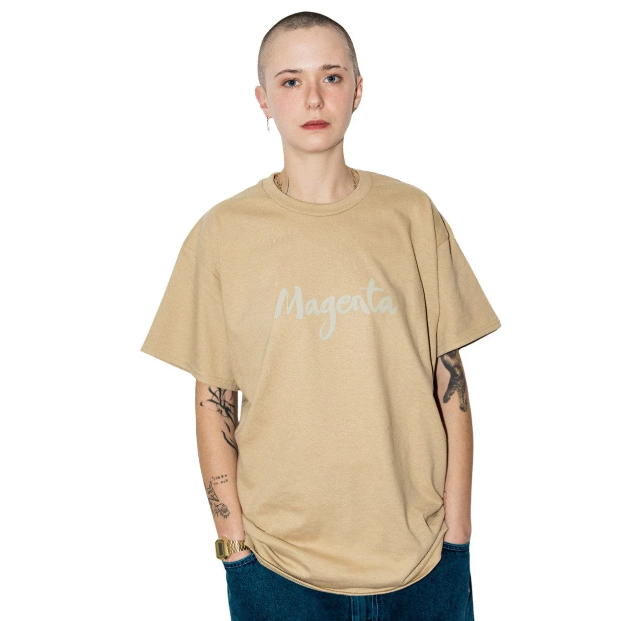 Magenta Skateboards Script T-Shirt | Beige - Image 4